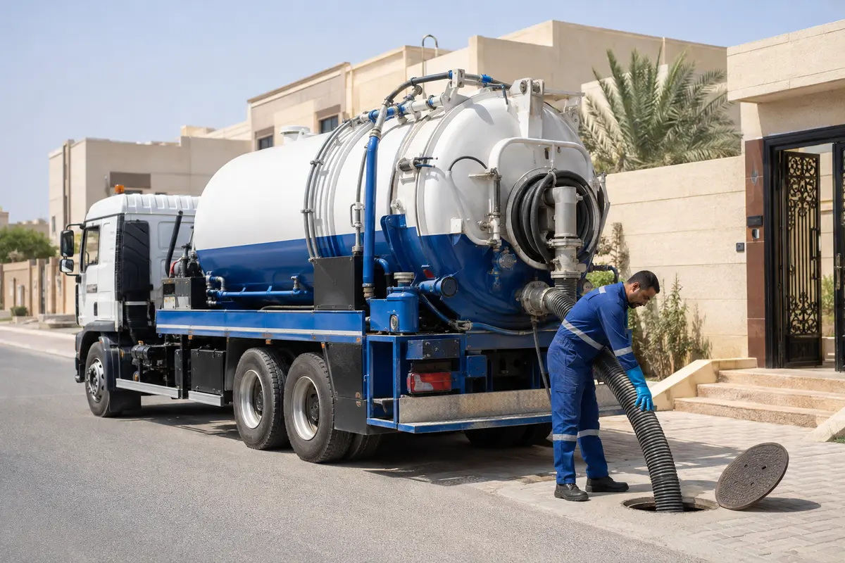تنكر مجاري الجهراء أثناء تجهيز خرطوم الشفط أمام منزل